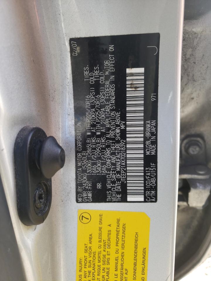 Foto 10 de la subasta – 2007 TOYOTA HIGHLANDER con VIN JTEEP21AX70218392