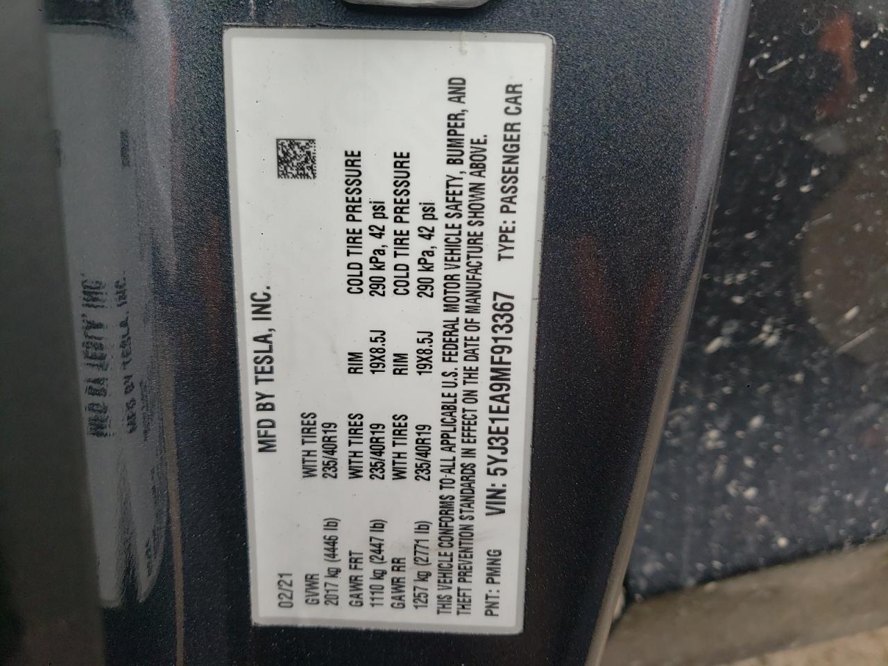 Photo 10 from auction – 2021 TESLA MODEL 3 with VIN 5YJ3E1EA9MF913367