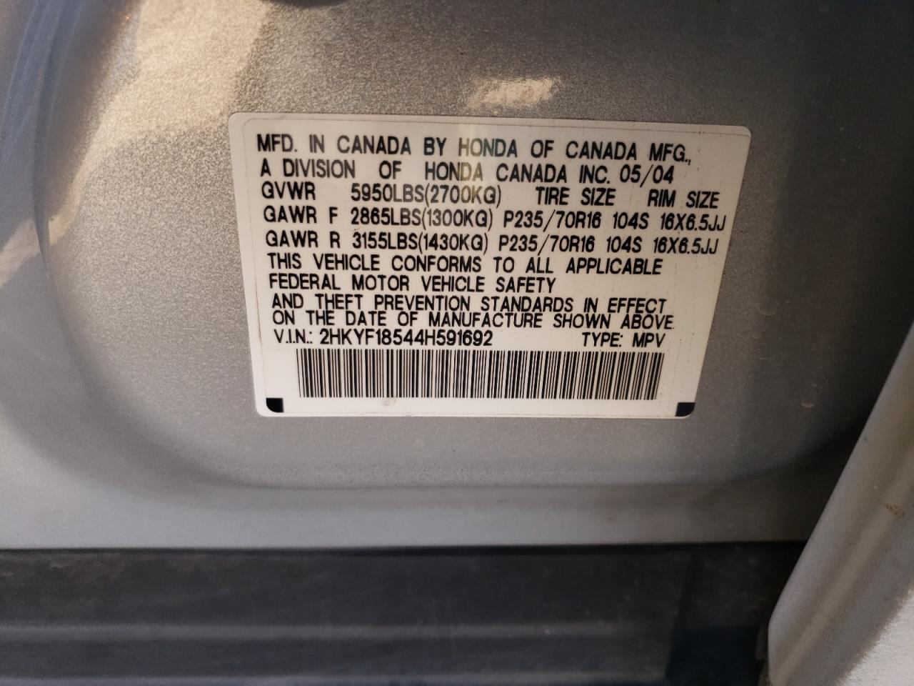 Photo 10 from auction – 2004 HONDA PILOT EXL with VIN 2HKYF18544H591692