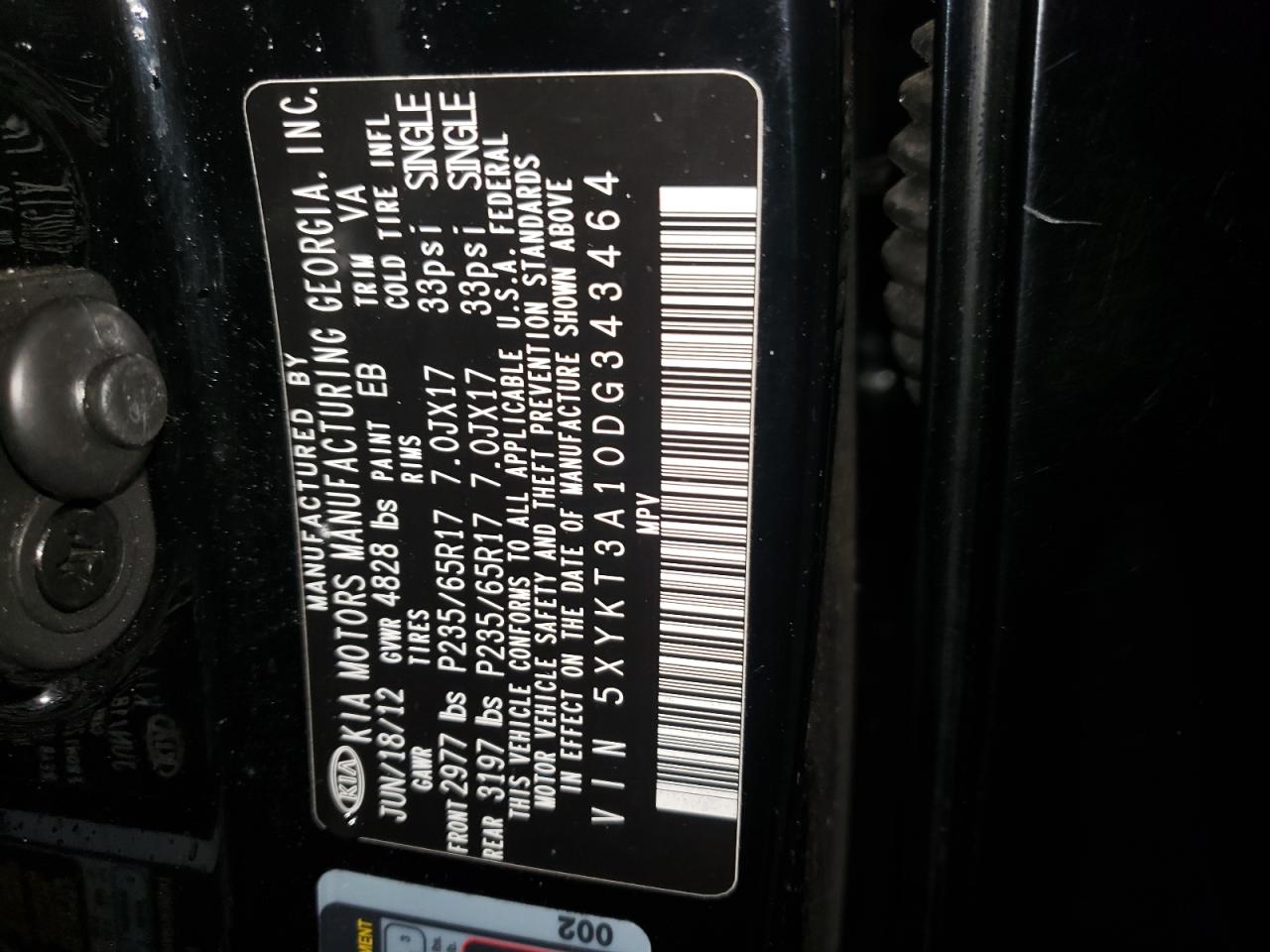 Photo 10 from auction – 2013 KIA SORENTO LX with VIN 5XYKT3A10DG343464