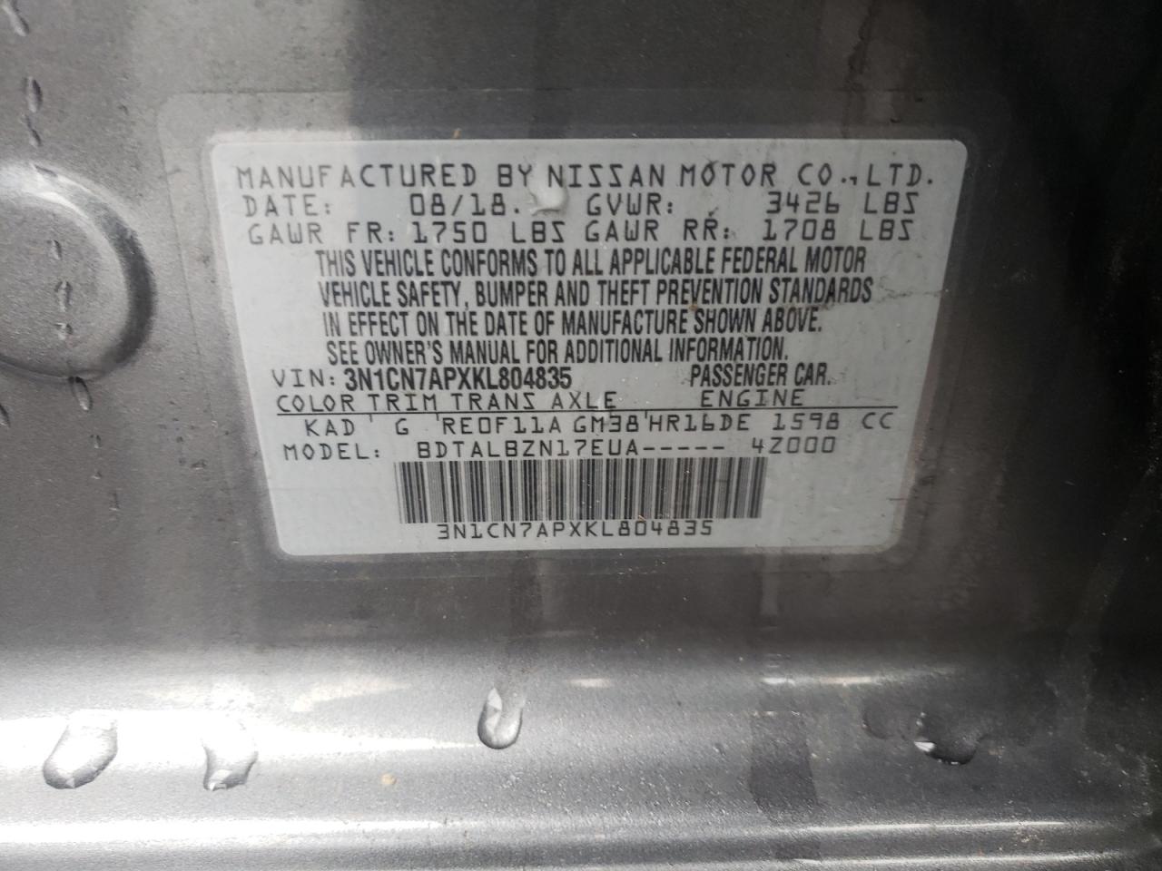 Photo 10 from auction – 2019 NISSAN VERSA S with VIN 3N1CN7APXKL804835