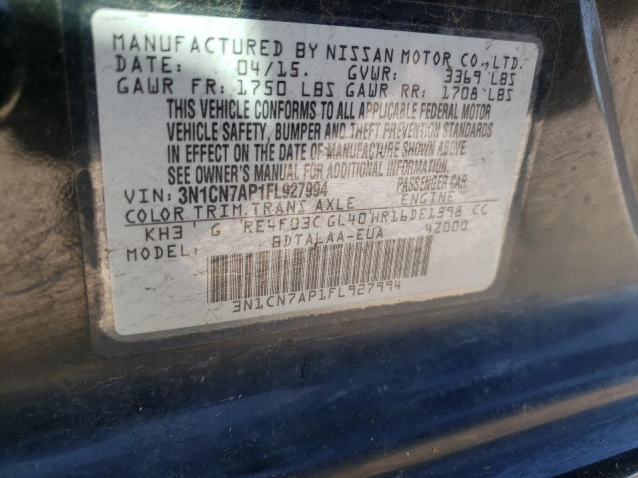 Photo 10 from auction – 2015 NISSAN VERSA S with VIN 3N1CN7AP1FL927994