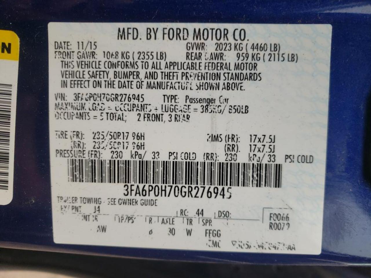 Photo 10 from auction – 2016 FORD FUSION SE with VIN 3FA6P0H70GR276945