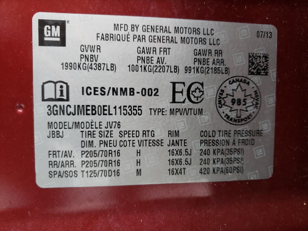 Photo 10 from auction – 2014 CHEVROLET TRAX 2LT with VIN 3GNCJMEB0EL115355