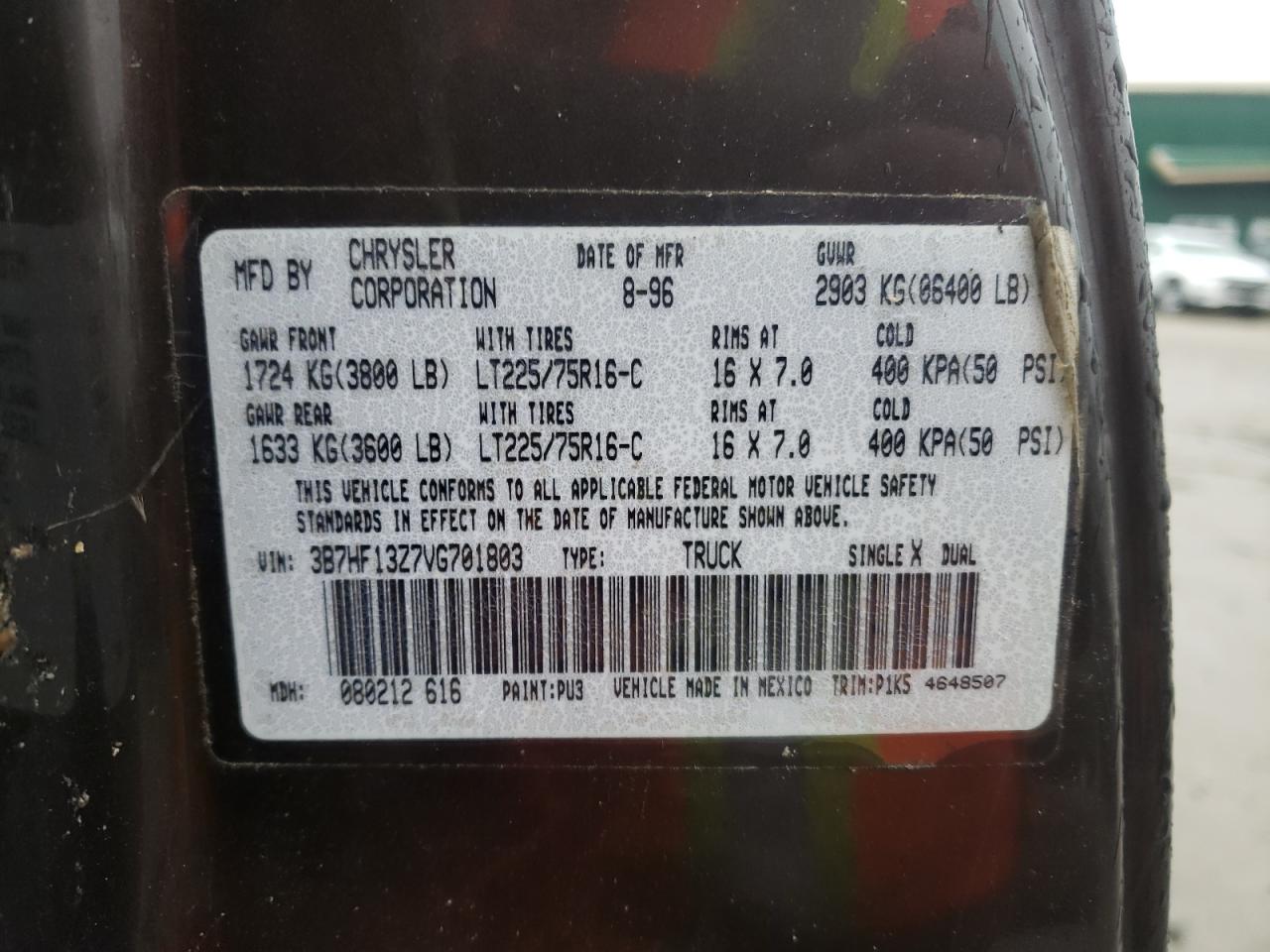 Photo 10 from auction – 1997 DODGE RAM 1500 with VIN 3B7HF13Z7VG701803