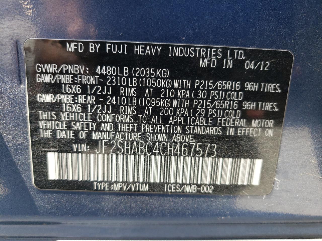Photo 10 from auction – 2012 SUBARU FORESTER 2 with VIN JF2SHABC4CH467573