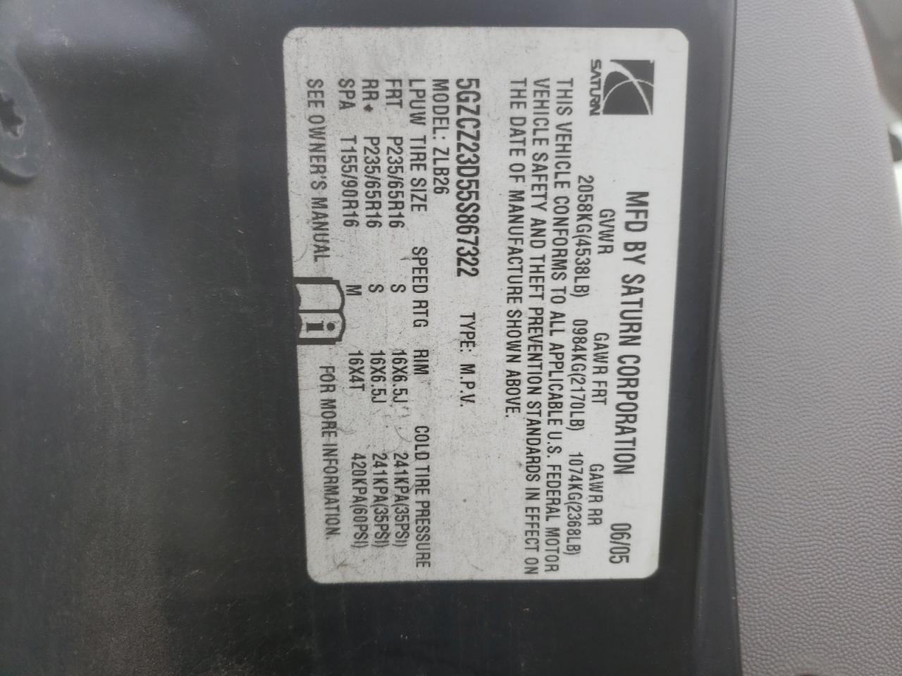 Photo 10 from auction – 2005 SATURN VUE with VIN 5GZCZ23D55S867322