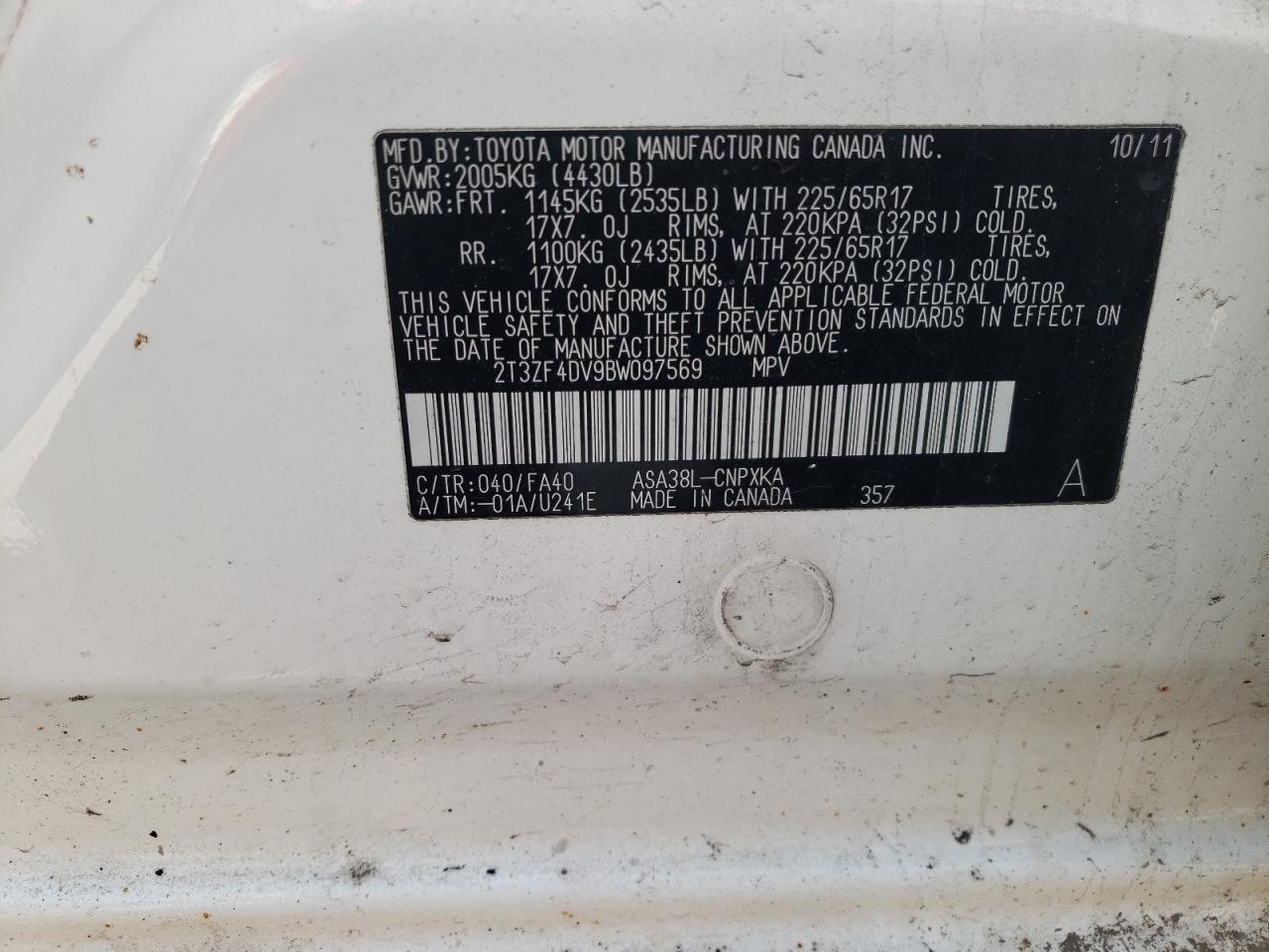 Photo 10 from auction – 2011 TOYOTA RAV4 with VIN 2T3ZF4DV9BW097569
