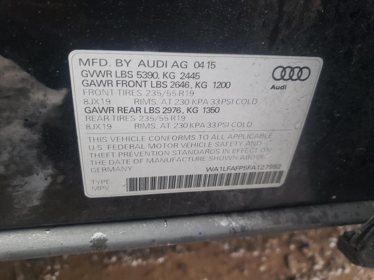 Photo 10 from auction – 2015 AUDI Q5 PREMIUM with VIN WA1LFAFP5FA127992