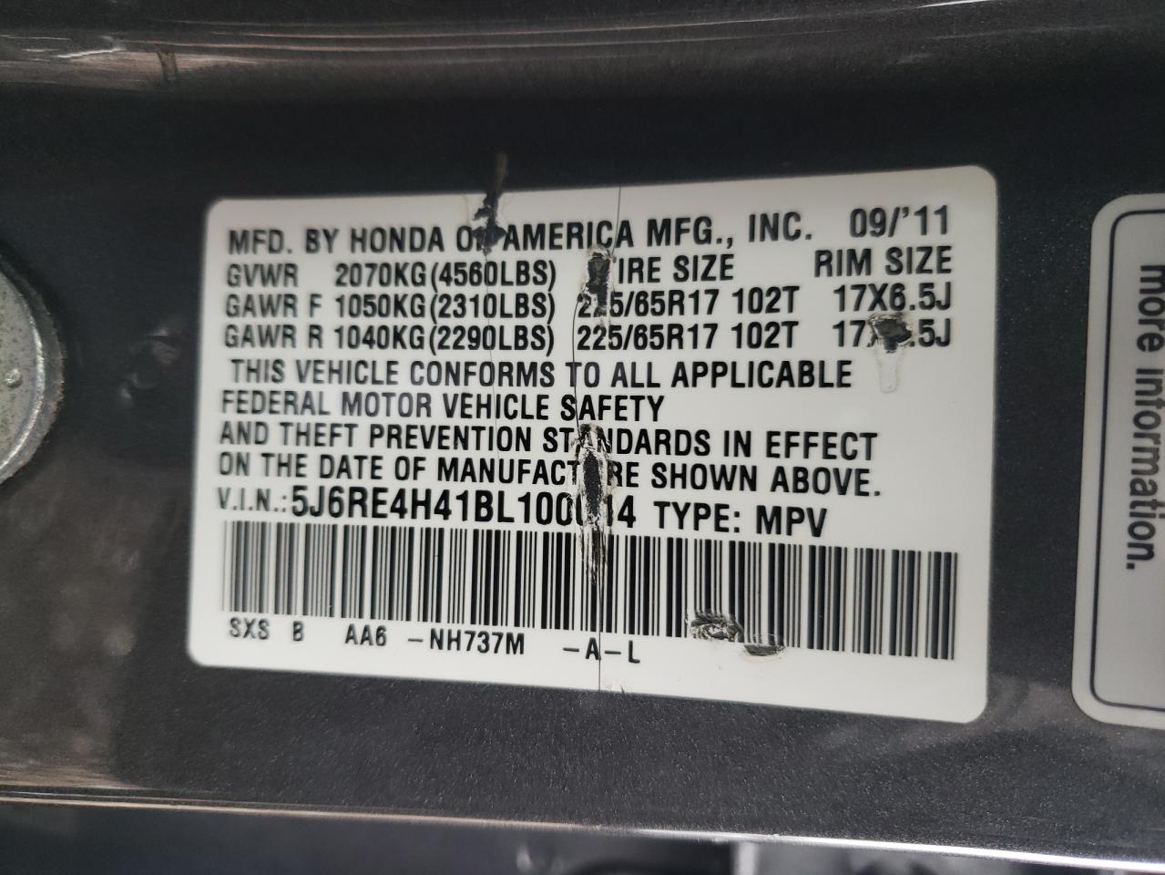 Photo 10 from auction – 2011 HONDA CR-V SE with VIN 5J6RE4H41BL100014