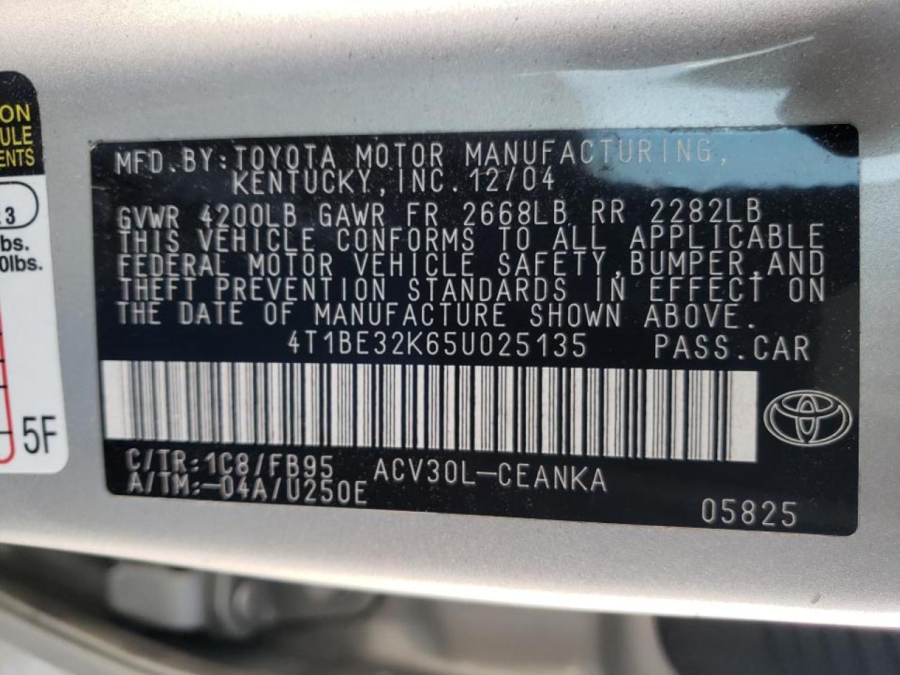 Photo 10 from auction – 2005 TOYOTA CAMRY LE with VIN 4T1BE32K65U025135