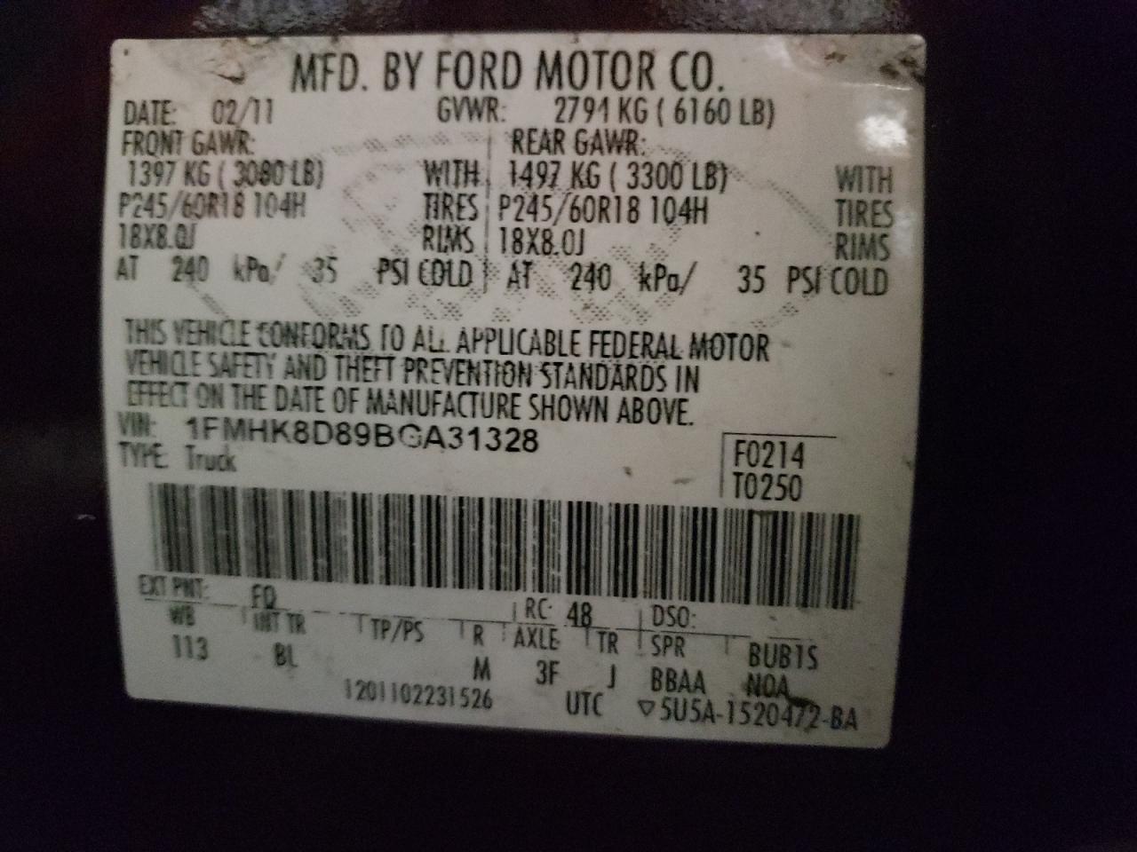 Photo 10 from auction – 2011 FORD EXPLORER X with VIN 1FMHK8D89BGA31328