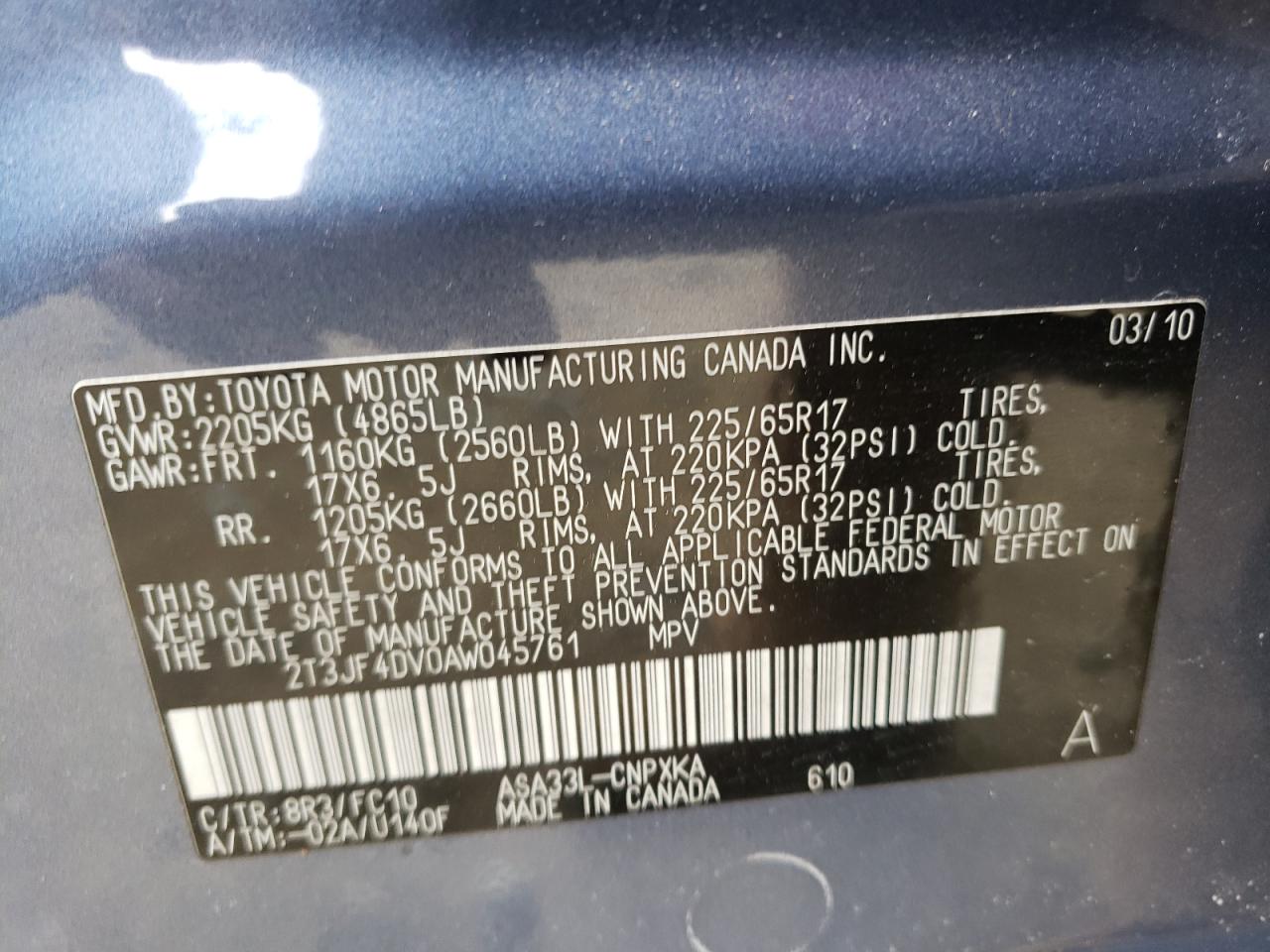 Zdjęcie 10 z aukcji – 2010 TOYOTA RAV4 z VIN 2T3JF4DV0AW045761
