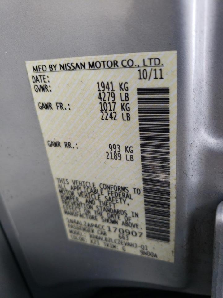 Photo 10 from auction – 2012 NISSAN ALTIMA BAS with VIN 1N4AL2AP4CC170907