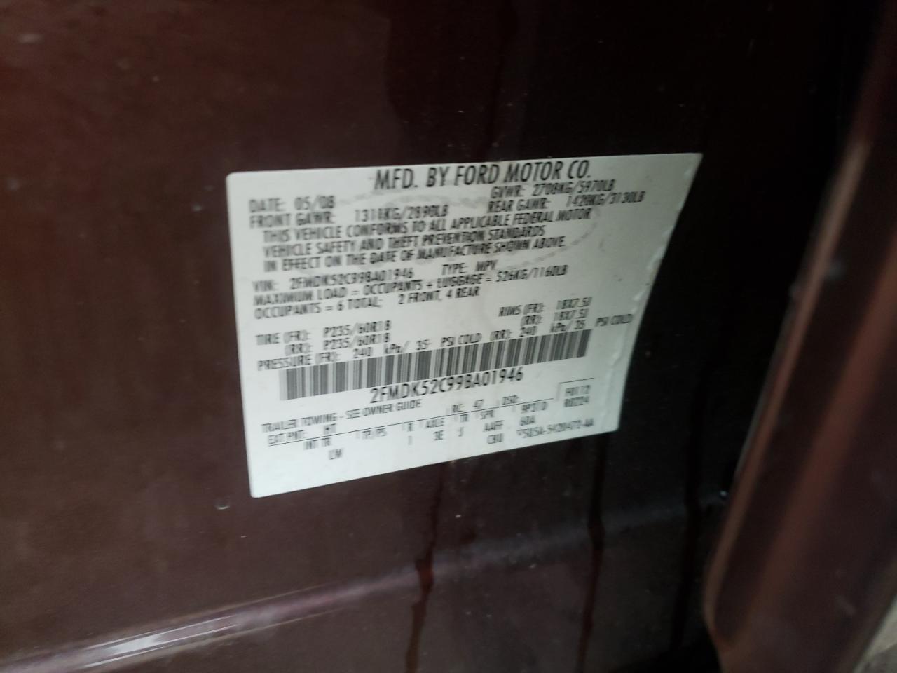 Photo 10 from auction – 2009 FORD FLEX SEL with VIN 2FMDK52C99BA01946