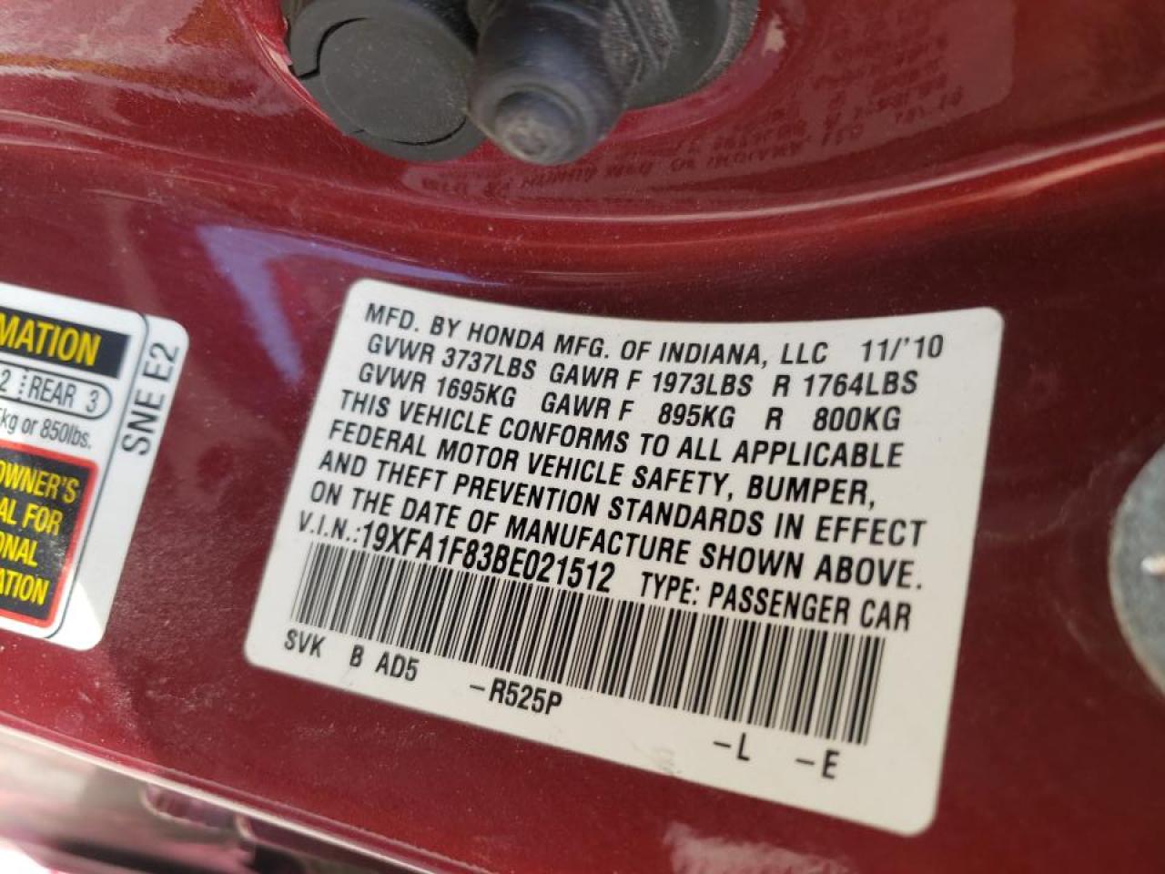 Photo 10 from auction – 2011 HONDA CIVIC EX with VIN 19XFA1F83BE021512