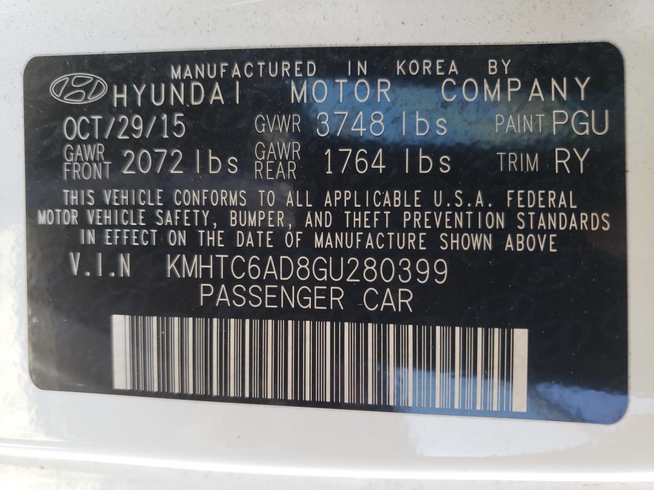 Photo 10 from auction – 2016 HYUNDAI VELOSTER with VIN KMHTC6AD8GU280399