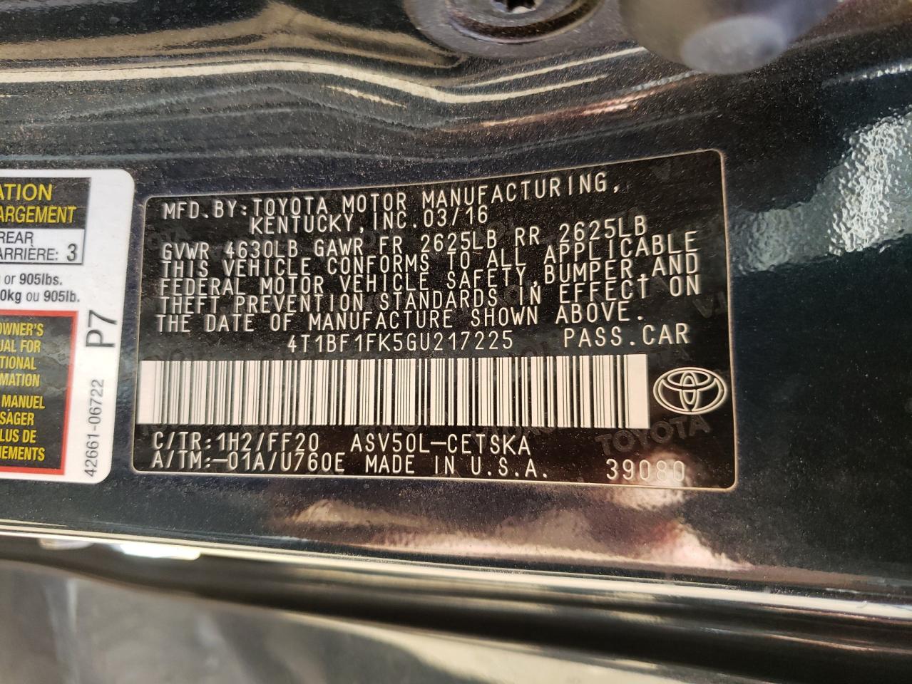 Photo 10 from auction – 2016 TOYOTA CAMRY LE with VIN 4T1BF1FK5GU217225