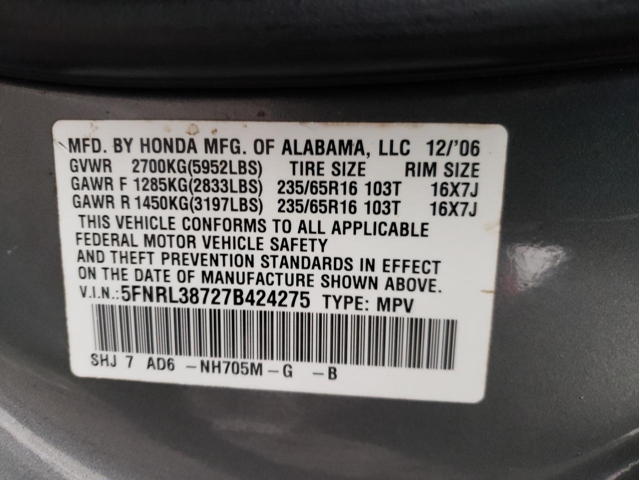 Photo 10 from auction – 2007 HONDA ODYSSEY EX with VIN 5FNRL38727B424275