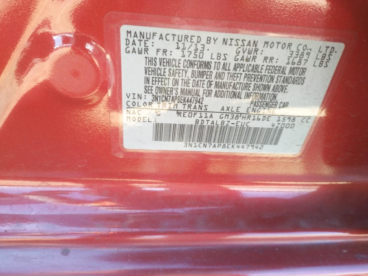 Photo 10 from auction – 2014 NISSAN VERSA S with VIN 3N1CN7AP8EK447942