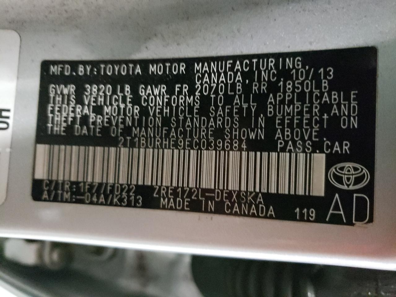 Photo 10 from auction – 2014 TOYOTA COROLLA L with VIN 2T1BURHE9EC039684