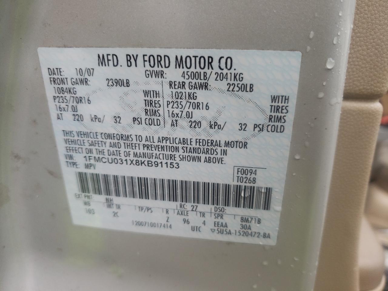 Photo 10 from auction – 2008 FORD ESCAPE XLT with VIN 1FMCU031X8KB91153
