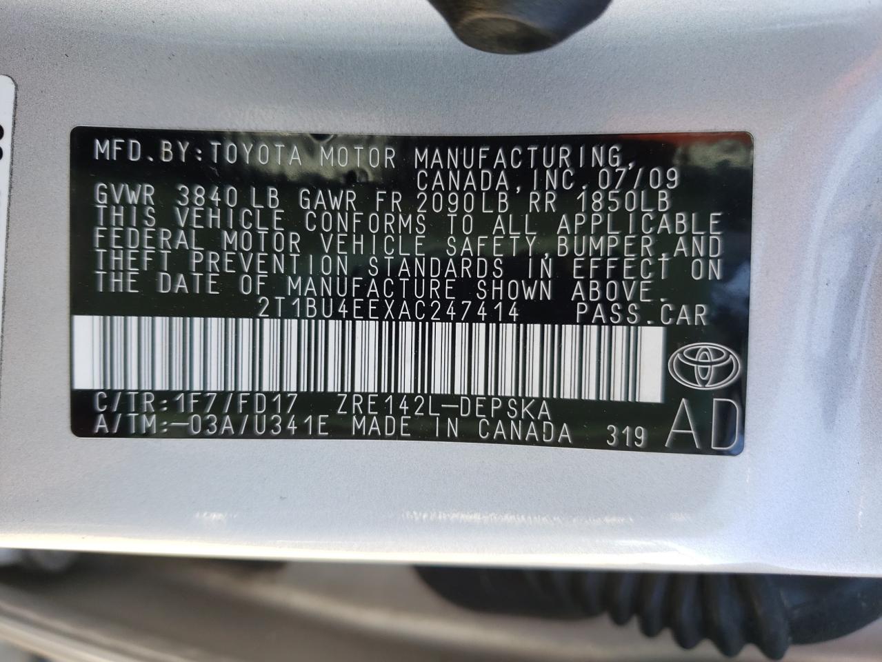 Photo 10 from auction – 2010 TOYOTA COROLLA BA with VIN 2T1BU4EEXAC247414