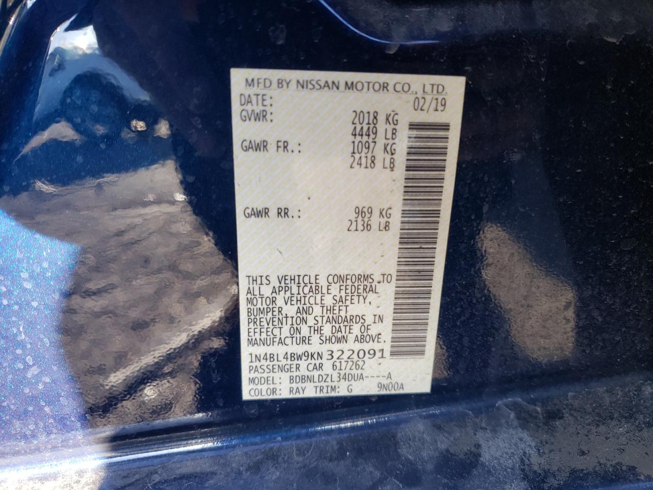 Photo 10 from auction – 2019 NISSAN ALTIMA S with VIN 1N4BL4BW9KN322091