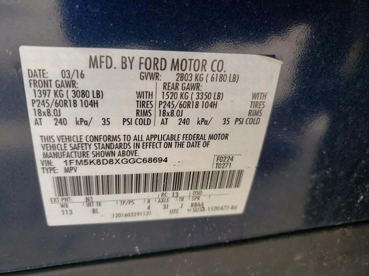 Photo 10 from auction – 2016 FORD EXPLORER X with VIN 1FM5K8D8XGGC68694