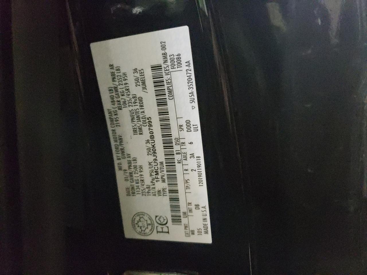 Photo 10 from auction – 2019 FORD ESCAPE TIT with VIN 1FMCU9J90KUB07995
