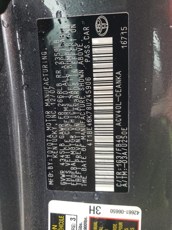 Photo 10 from auction – 2008 TOYOTA CAMRY CE with VIN 4T1BE46K78U245906