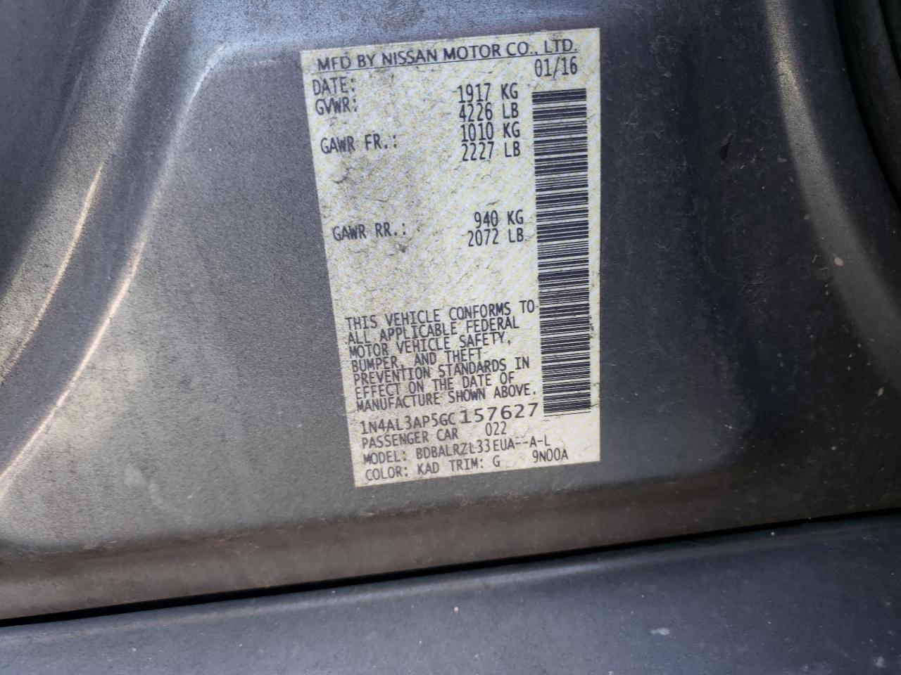 Photo 10 from auction – 2016 NISSAN ALTIMA 2.5 with VIN 1N4AL3AP5GC157627