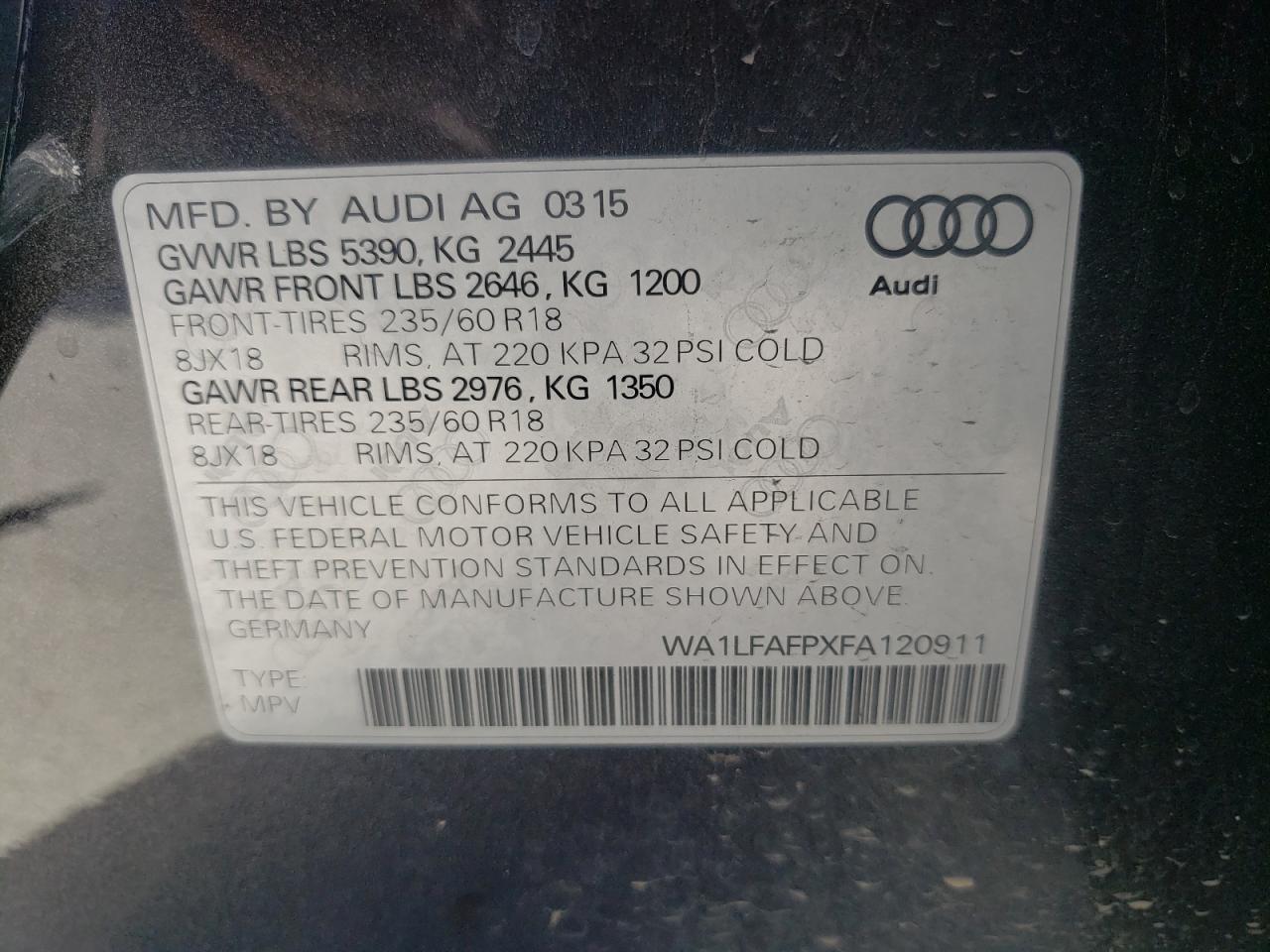 Zdjęcie 10 z aukcji – 2015 AUDI Q5 PREMIUM z VIN WA1LFAFPXFA120911