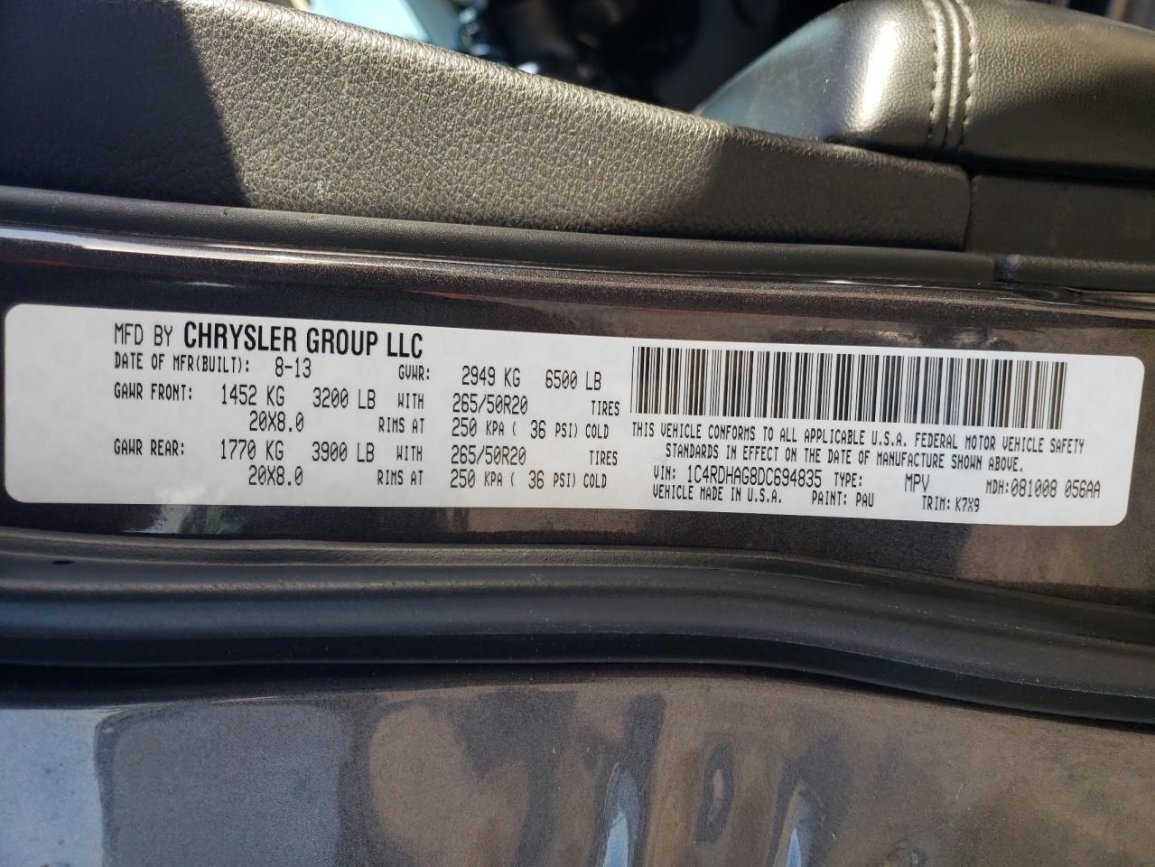 Photo 10 from auction – 2013 DODGE DURANGO SX with VIN 1C4RDHAG8DC694835