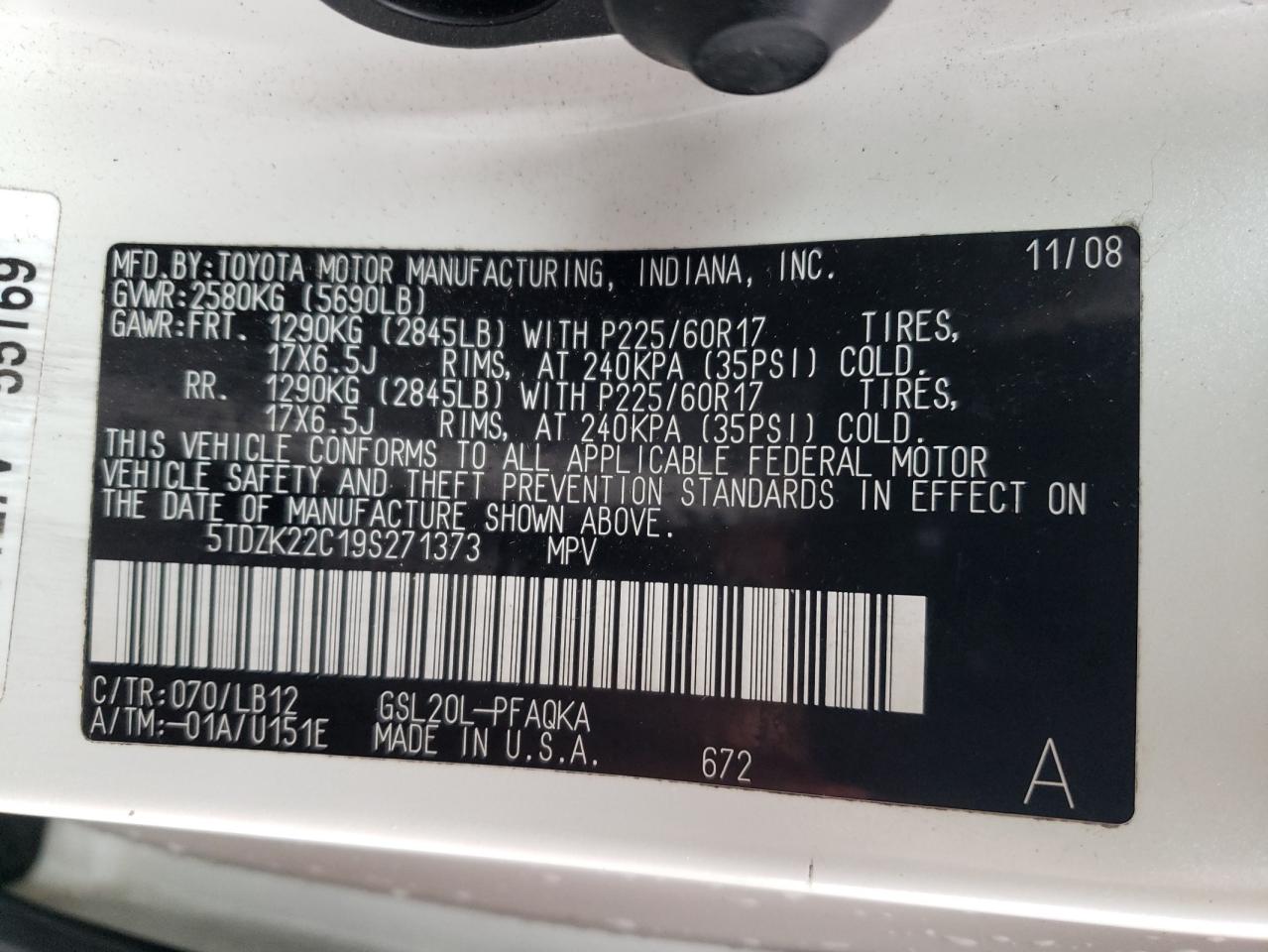 Photo 10 from auction – 2009 TOYOTA SIENNA XLE with VIN 5TDZK22C19S271373