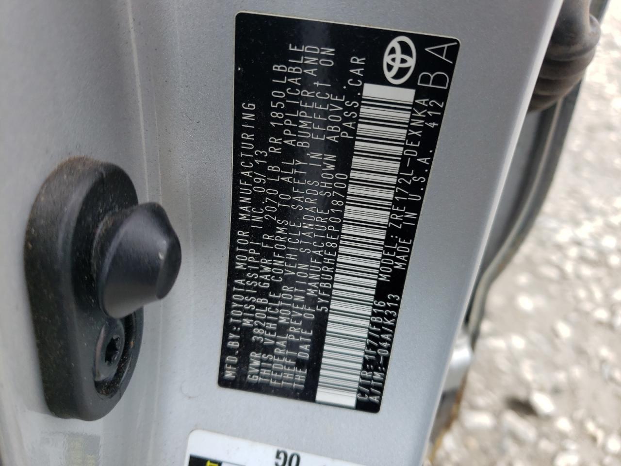 Photo 10 from auction – 2014 TOYOTA COROLLA L with VIN 5YFBURHE8EP018700