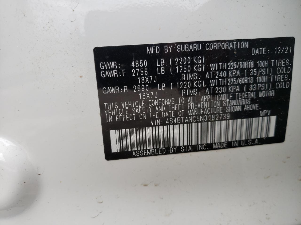 Photo 10 from auction – 2022 SUBARU OUTBACK LI with VIN 4S4BTANC5N3182739