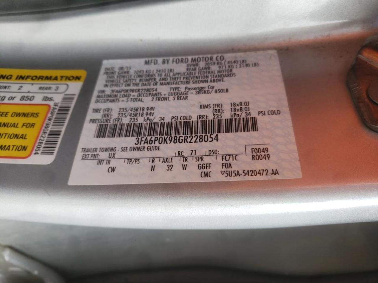 Photo 10 from auction – 2016 FORD FUSION TIT with VIN 3FA6P0K98GR228054