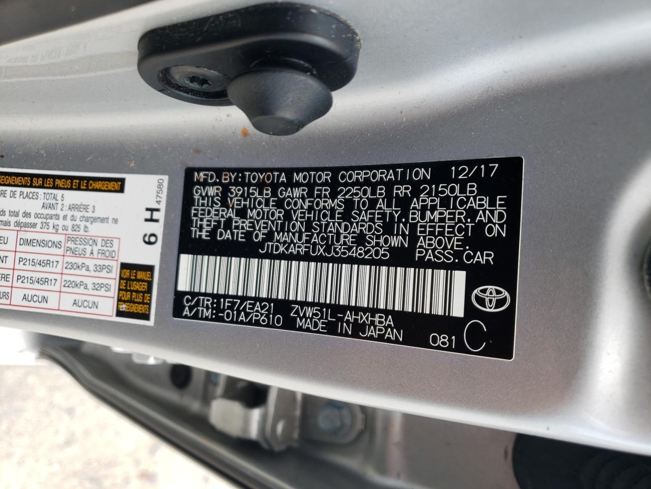Photo 10 from auction – 2018 TOYOTA PRIUS with VIN JTDKARFUXJ3548205