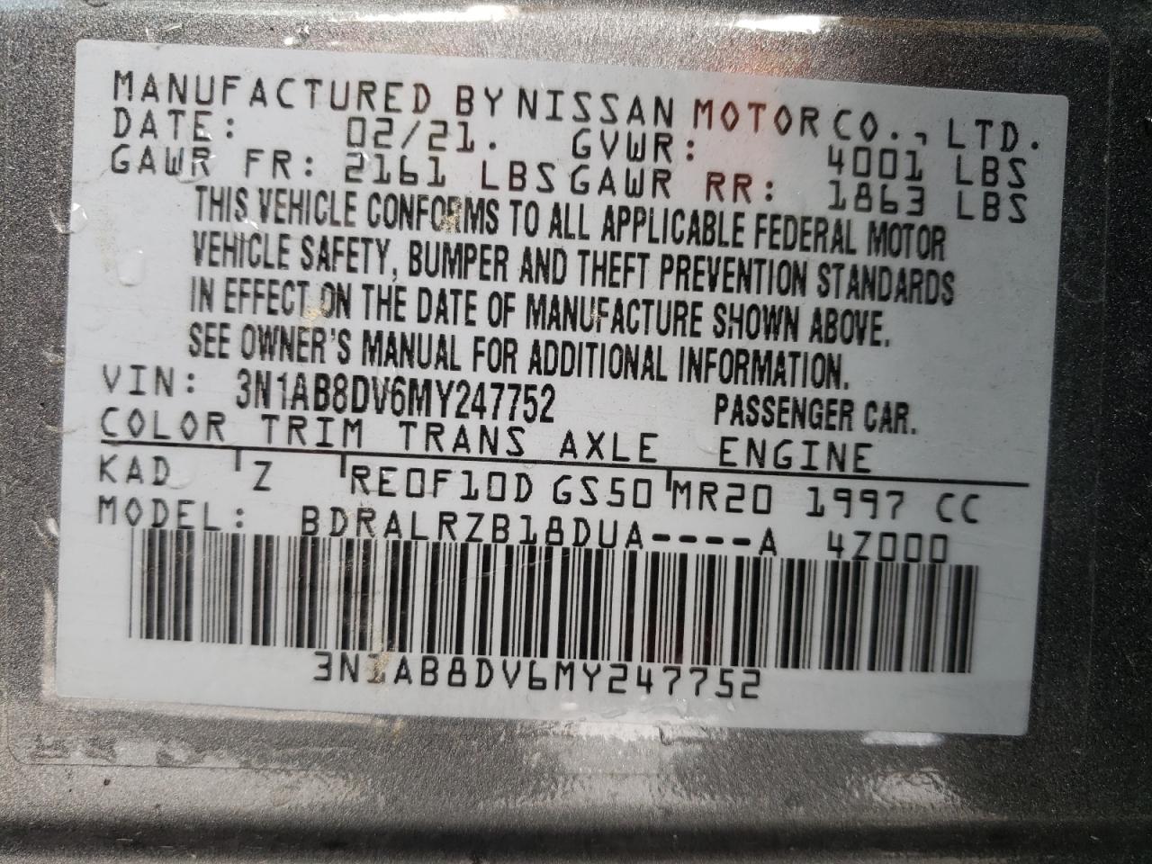 Photo 10 from auction – 2021 NISSAN SENTRA SR with VIN 3N1AB8DV6MY247752