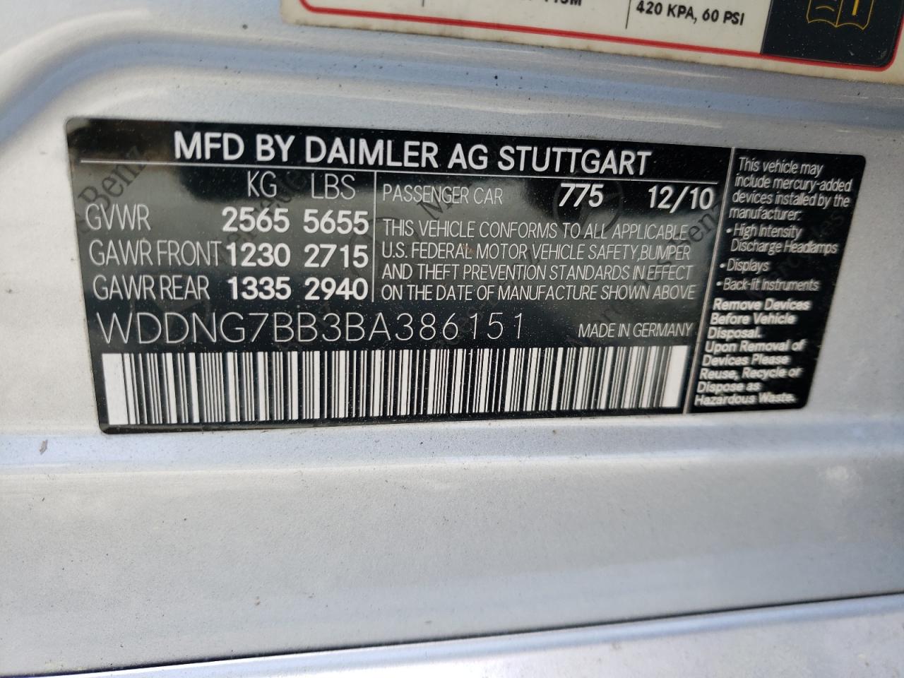 Photo 10 from auction – 2011 MERCEDES-BENZ S 550 with VIN WDDNG7BB3BA386151
