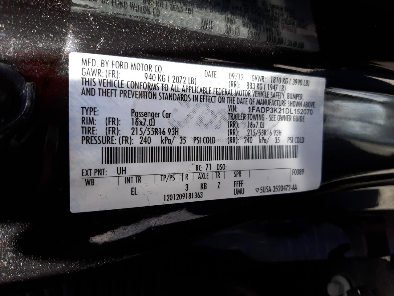 Photo 10 from auction – 2013 FORD FOCUS SE with VIN 1FADP3K21DL152070