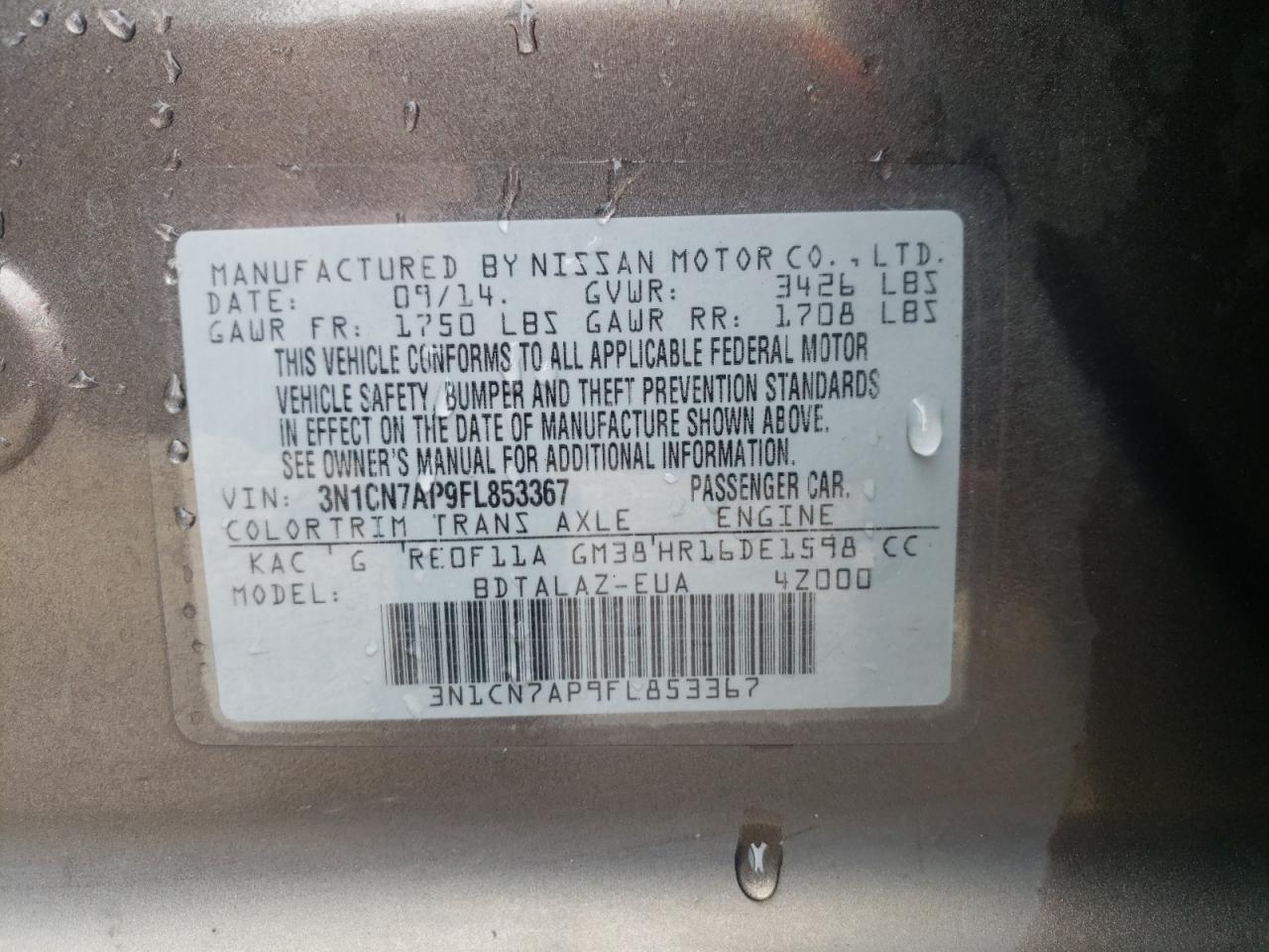 Photo 10 from auction – 2015 NISSAN VERSA S with VIN 3N1CN7AP9FL853367