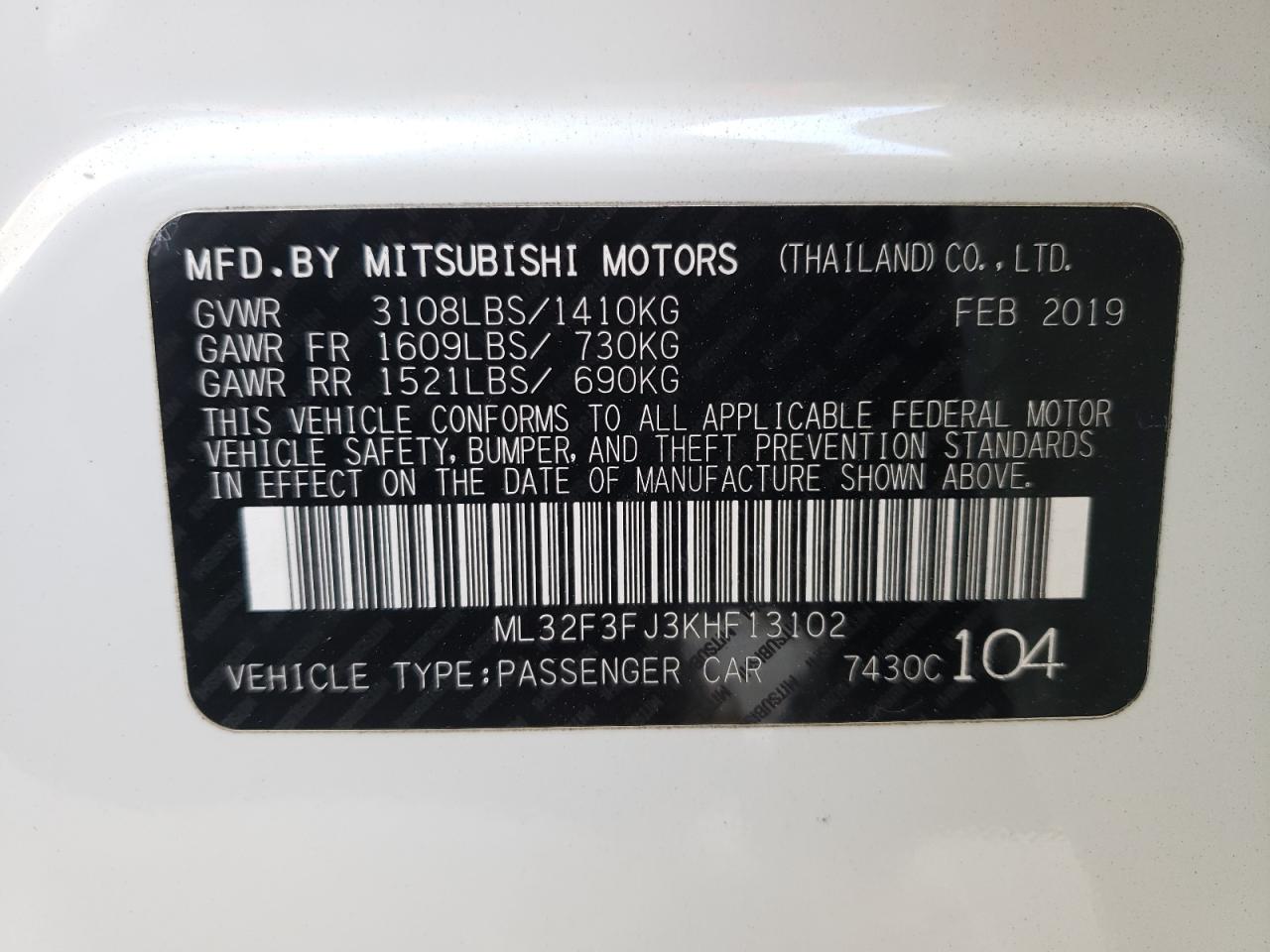 Photo 10 from auction – 2019 MITSUBISHI MIRAGE G4 with VIN ML32F3FJ3KHF13102