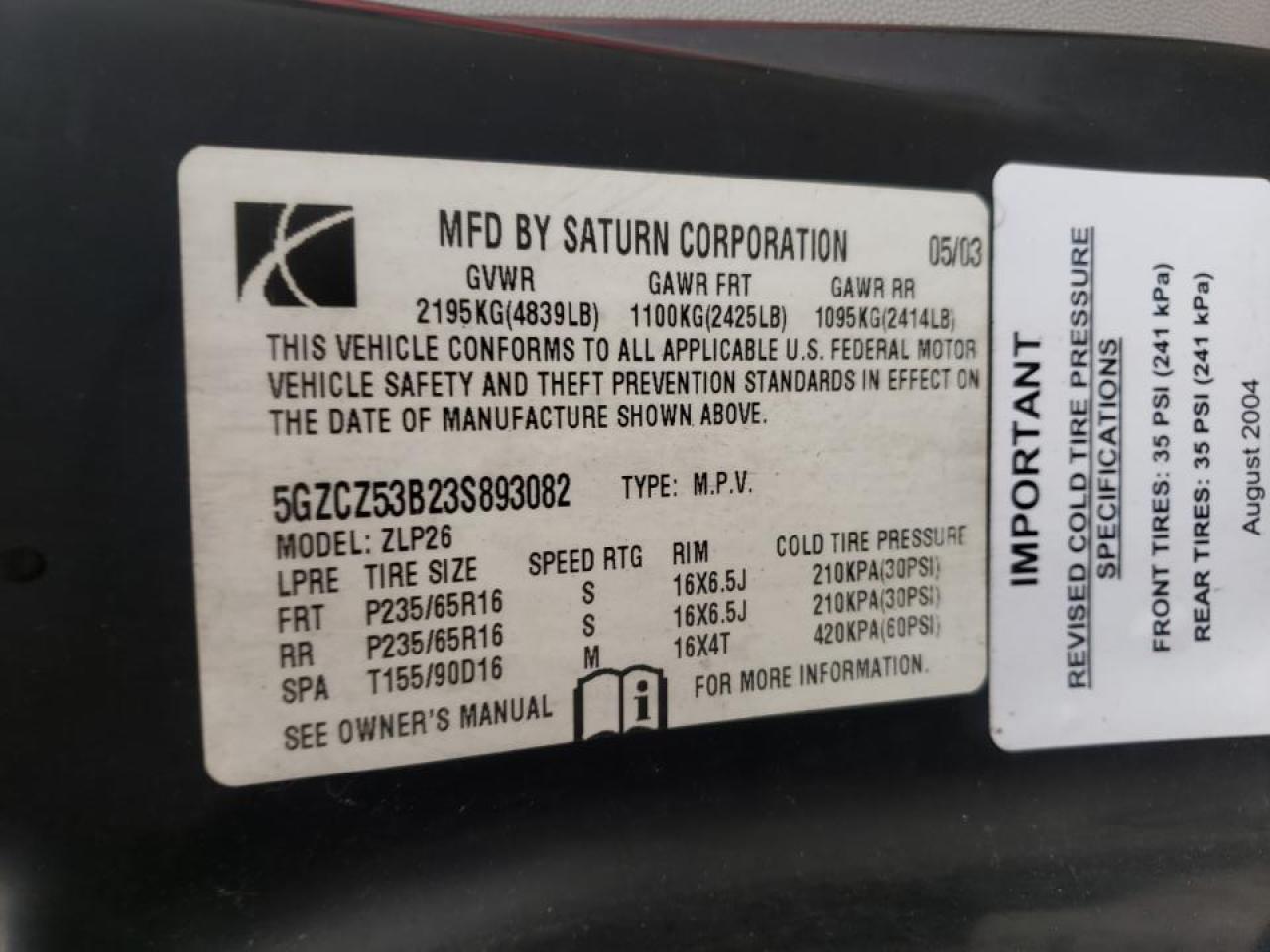 Photo 10 from auction – 2003 SATURN VUE with VIN 5GZCZ53B23S893082