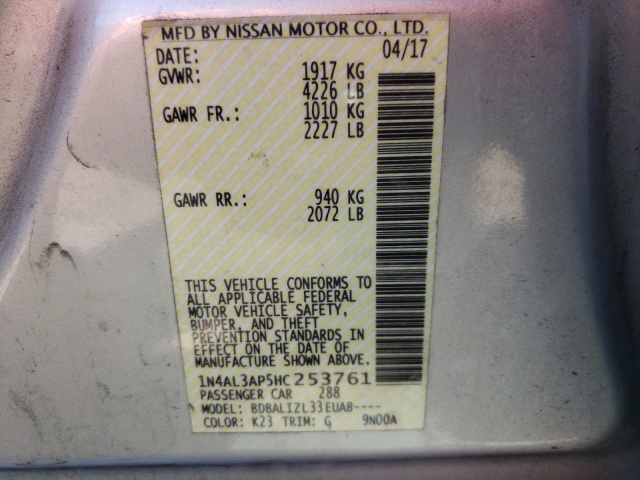 Photo 10 from auction – 2017 NISSAN ALTIMA 2.5 with VIN 1N4AL3AP5HC253761