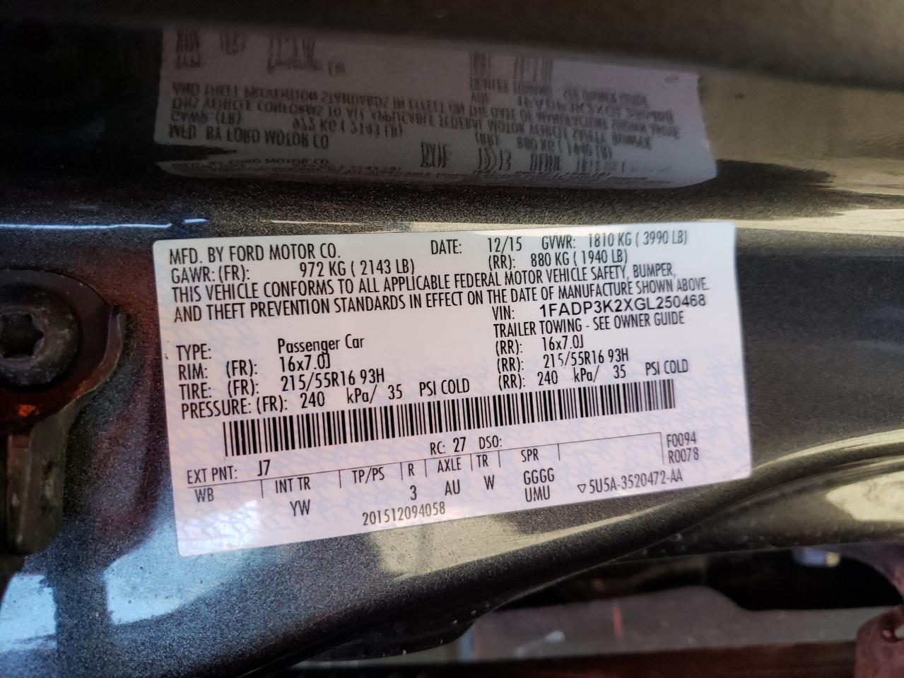Photo 10 from auction – 2016 FORD FOCUS SE with VIN 1FADP3K2XGL250468