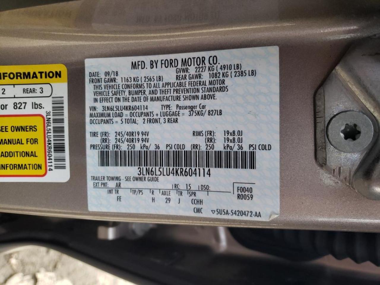 Photo 10 from auction – 2019 LINCOLN MKZ RESERV with VIN 3LN6L5LU4KR604114