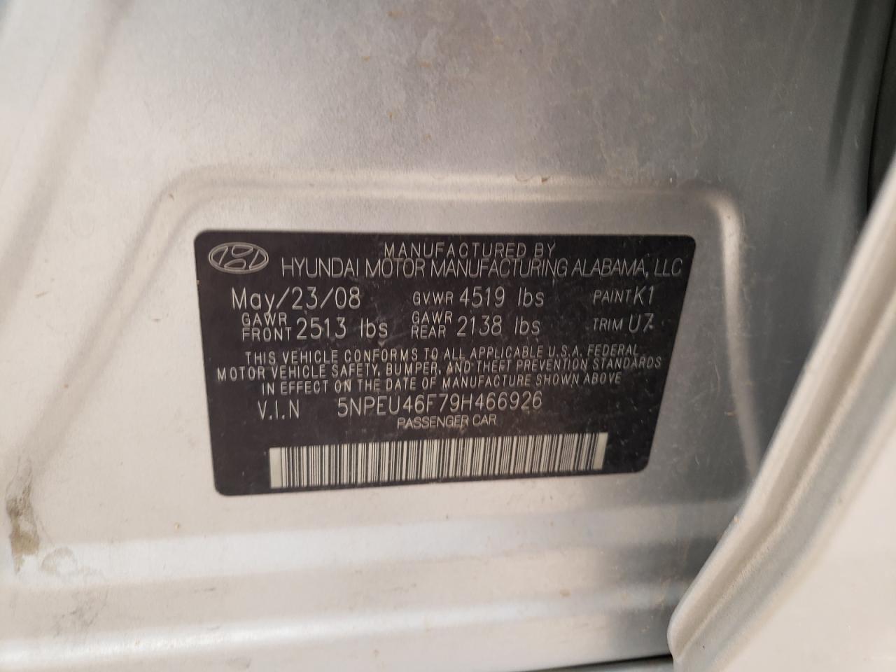 Photo 10 from auction – 2009 HYUNDAI SONATA SE with VIN 5NPEU46F79H466926