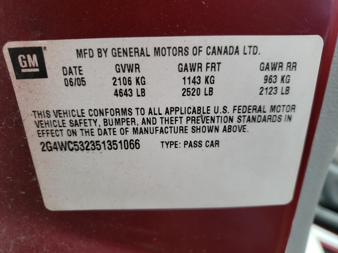 Photo 10 from auction – 2005 BUICK LACROSSE C with VIN 2G4WC532351351066